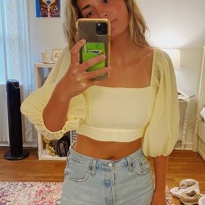 Yellow Cropped Flowy Long Sleeve Summer Top